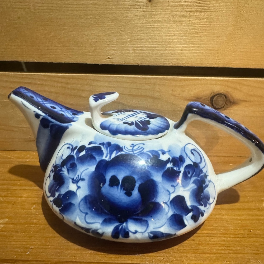Russian Ghzel miniature blue and white porcelain teapot floral